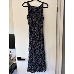 Vintage CDC Dress 10 Ditsy Black Floral Strappy Lattice Maxi Boho Whimsigoth